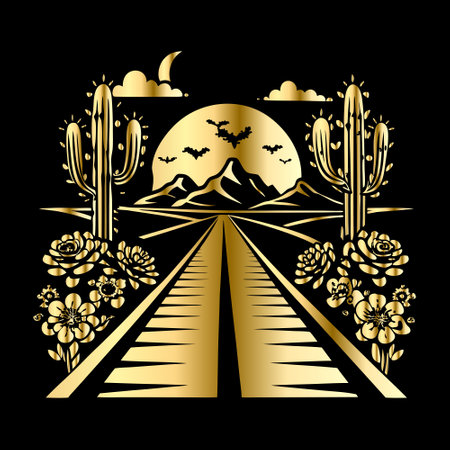 Vector illustration of a train track with cacti, mountains, moon and stars.のイラスト素材