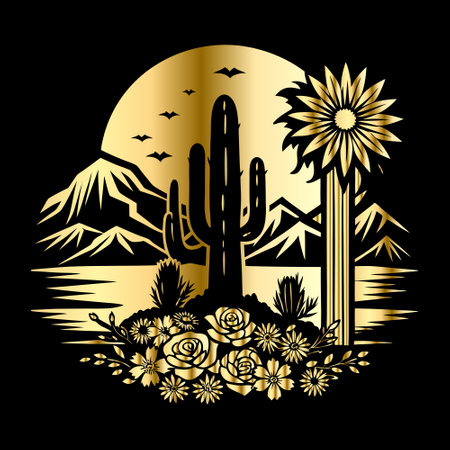 Desert and cacti on a black background. Vector illustration.のイラスト素材