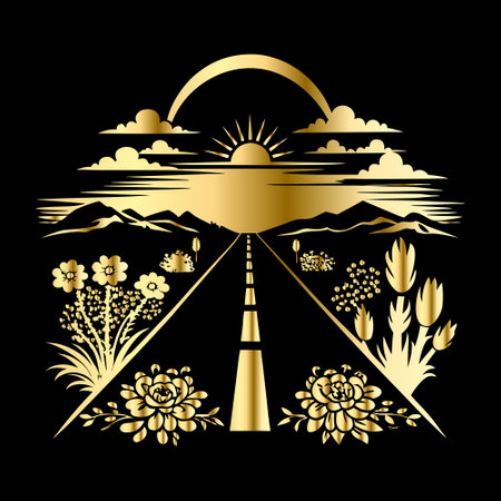 Greeting card with golden flowers on black background. Vector illustration.のイラスト素材