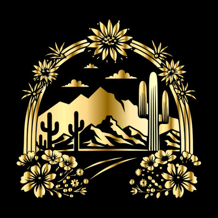 Cactuses, mountains and flowers in gold on black background.のイラスト素材