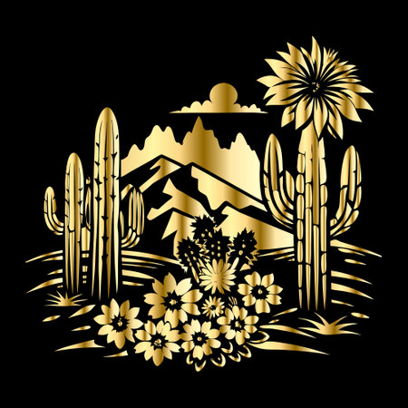 Cactuses, mountains, flowers and mountains. Gold on blackのイラスト素材
