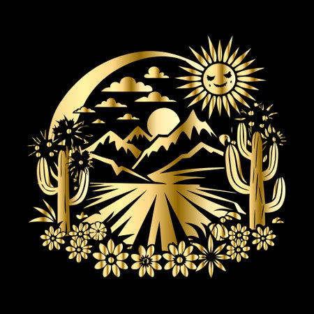 Cacti, mountains and sun. Vector illustration in gold.のイラスト素材