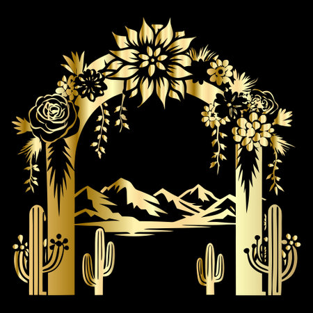 Golden arch with cacti and flowers on black background. Vector illustration.のイラスト素材