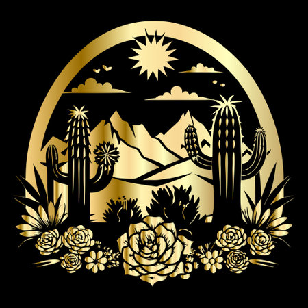 Cacti, succulents and mountains in gold circle.のイラスト素材
