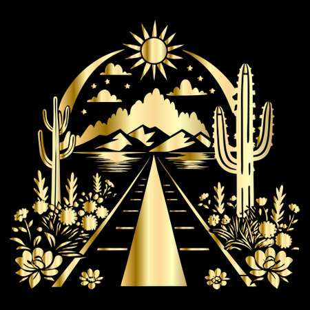 Railway through the desert with cactuses and mountains. Vector illustration.のイラスト素材
