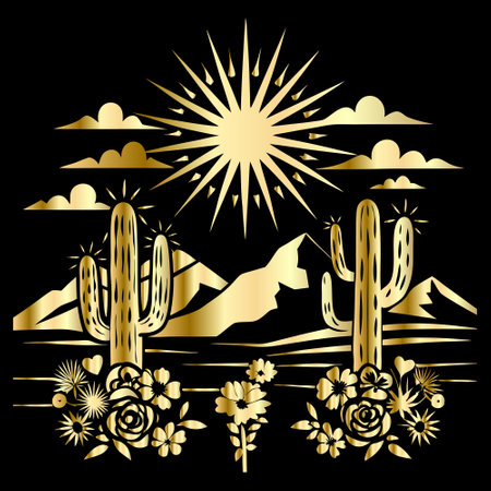 Vector illustration of a desert landscape with cactuses, sun and mountains.のイラスト素材