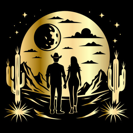 silhouette of a couple on the background of the moon and cactiのイラスト素材