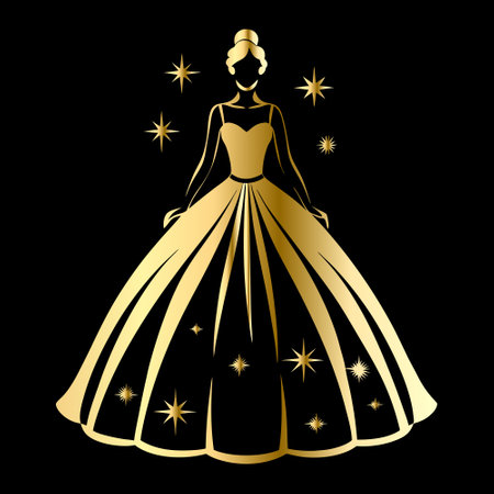 Vector image of a beautiful woman in a beautiful dress on a black backgroundのイラスト素材
