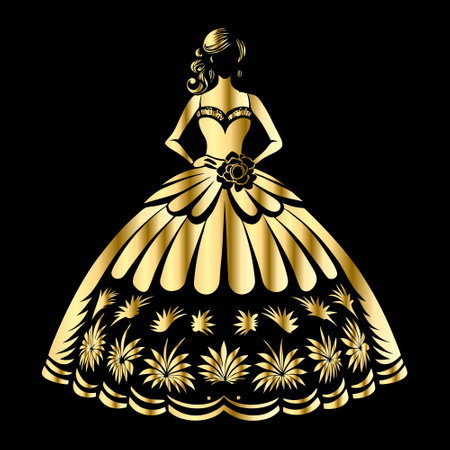Beautiful girl in a gold dress with flowers on a black backgroundのイラスト素材