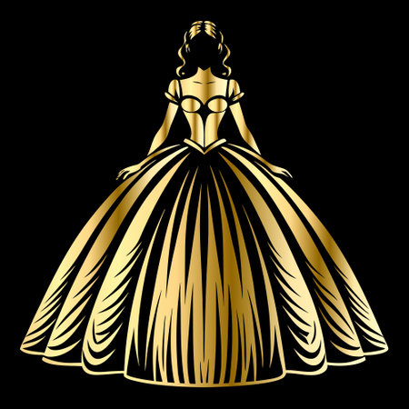 Beautiful girl in a long dress on a black background. Vector illustrationのイラスト素材