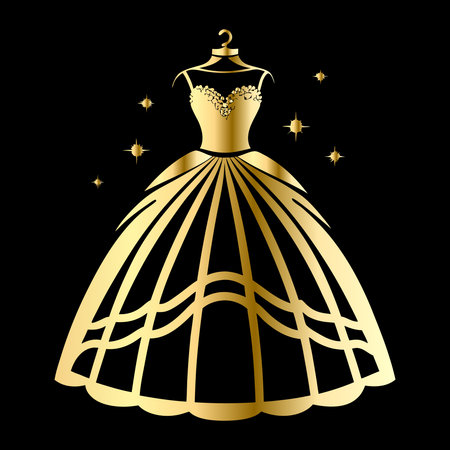 Vector illustration of wedding dress on mannequin in gold color.のイラスト素材