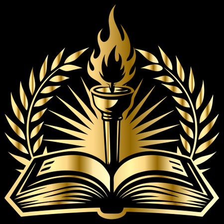 Gold laurel wreath with burning torch and open book on black backgroundのイラスト素材
