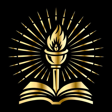 Torch and book with rays on a black background. Vector illustration.のイラスト素材