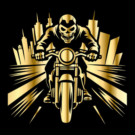 Motorcycle racer with skull on background of city. Vector illustration.のイラスト素材