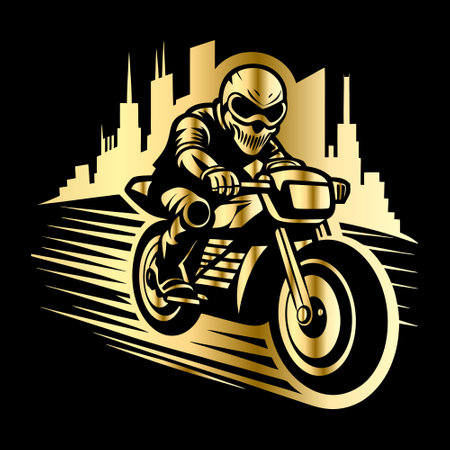 motorcycle rider, vector illustration on black background with cityscapeのイラスト素材