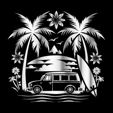 Vintage car with surfboard and palm trees on the black backgroundのイラスト素材