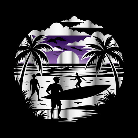 Surfer on the beach with a surfboard. Vector illustration.のイラスト素材