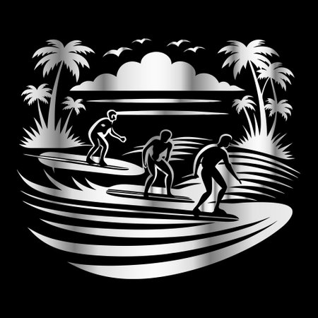 Illustration of surfers silhouettes on a beach with palms.のイラスト素材