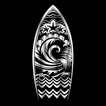 Surfboard with a pattern on a black background. Vector illustration.のイラスト素材