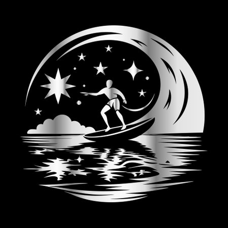 Silhouette of a man surfing on the moon, vector illustrationのイラスト素材