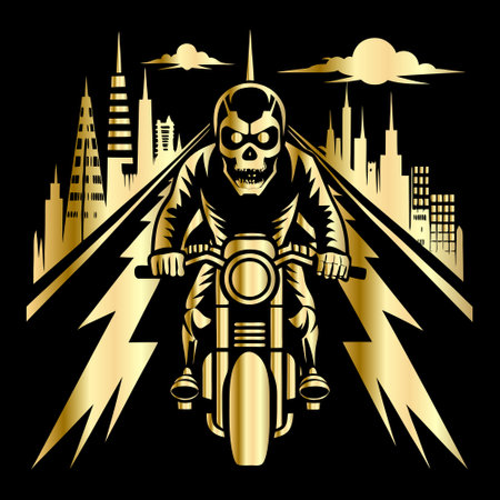 Skull on the motorcycle on the road. Vector illustration on black background.のイラスト素材