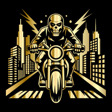 Skull on a motorcycle in the city. Vector Illustration.のイラスト素材