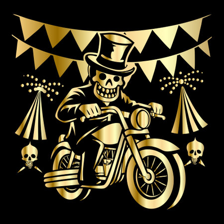 Vector illustration of a skeleton in a hat on a motorcycle with flags.のイラスト素材