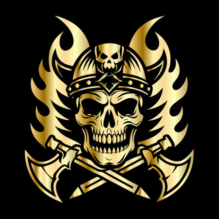 Skull in helmet with crossed axes, grunge vintage monochrome emblem, vector illustration on black background.のイラスト素材