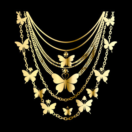 Gold necklace with butterflies on black background. Vector illustration for your designのイラスト素材