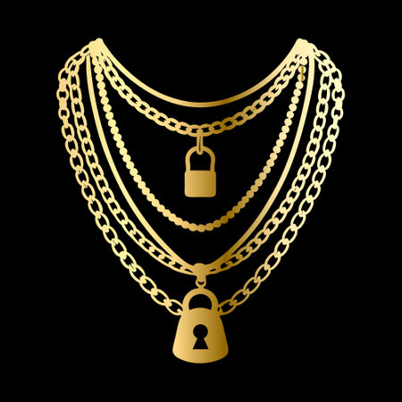 Golden necklace with padlock and chain on black background. Vector illustration.のイラスト素材