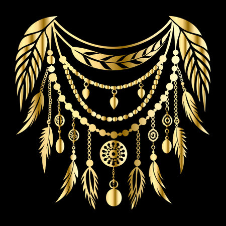 Vector set of golden dreamcatcher with feathers and beads on black backgroundのイラスト素材