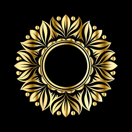 Gold round frame with floral ornament on black background. Vector illustration.のイラスト素材