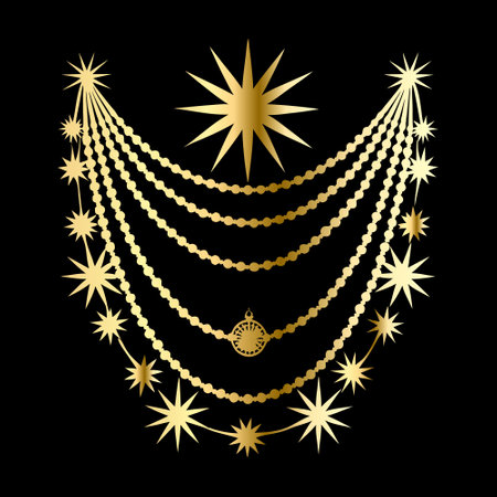 Vector set of golden jewelry chains and stars on a black background.のイラスト素材