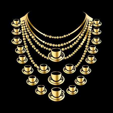 Gold necklace with cups and saucers on a black background.のイラスト素材