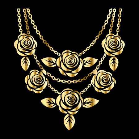 Gold necklace with roses on black background. Vector illustration for your designのイラスト素材