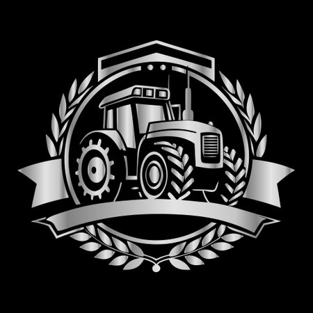 Tractor vector monochrome emblem isolated on black background. Design element for logo, label, emblem, sign.のイラスト素材