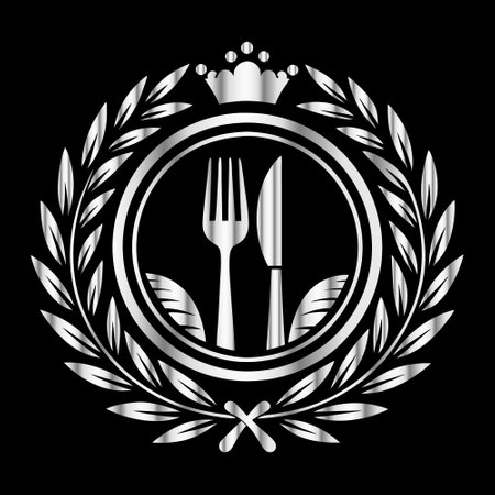 Silver silver restaurant logo with laurel wreath and cutleryのイラスト素材