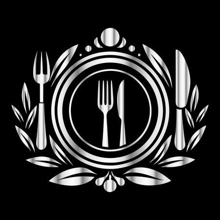 Fork, knife and laurel wreath on black background.