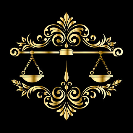 Golden scales of justice on black background. Symbol of law and justice. Vector illustrationのイラスト素材