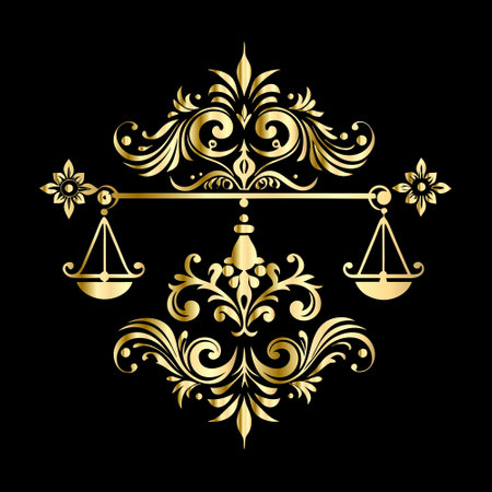 Golden scales of justice with flowers on black background. Vector illustration.のイラスト素材