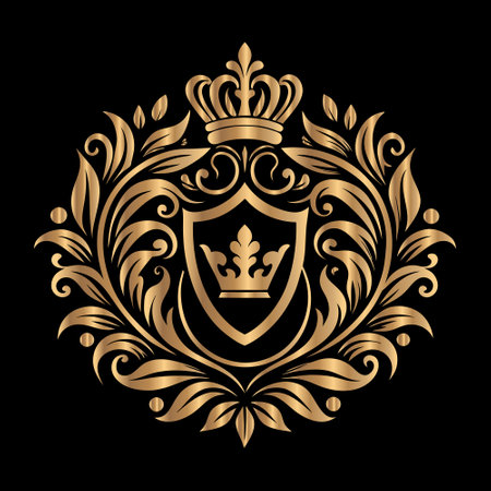 Luxury golden shield with crown on black background. Vector illustrationのイラスト素材