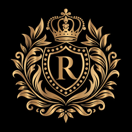 Heraldic emblem with letter R in gold on black background.のイラスト素材
