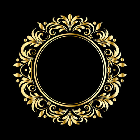 Gold vintage round frame with floral ornament. Template for design. Vector illustrationのイラスト素材