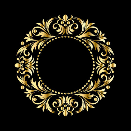Vector golden round frame. Elegant element for design in Eastern style, place for text. Floral golden border. Lace illustration for invitations and greeting cards.のイラスト素材