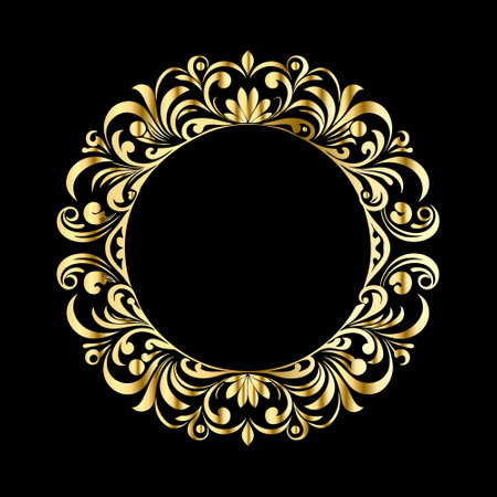 Gold floral frame on black background. Decorative element for design.のイラスト素材