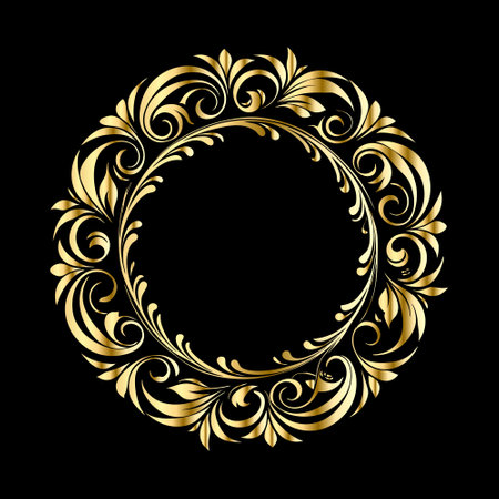 Gold floral round frame on black background. Vector illustration for your designのイラスト素材