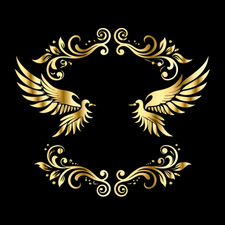 Golden heraldic emblem with two birds on black background. Vector illustration.のイラスト素材