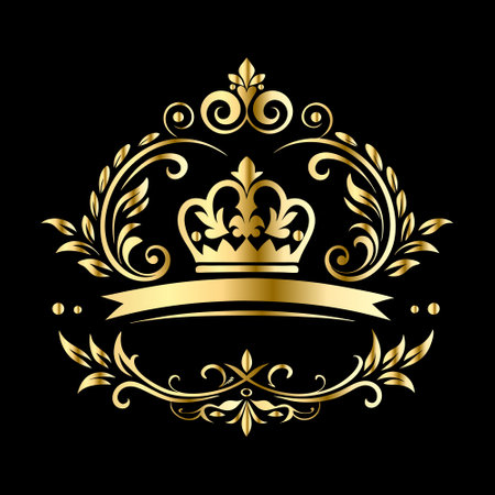 Golden crown with laurel wreath on black background. Vector illustration.のイラスト素材