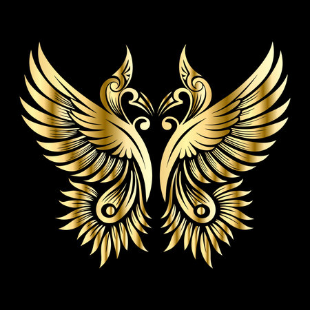 Vector golden wings isolated on black background. Design element for logo, label, emblem, sign.のイラスト素材