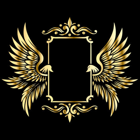golden heraldic frame with wings on black background, vector illustrationのイラスト素材